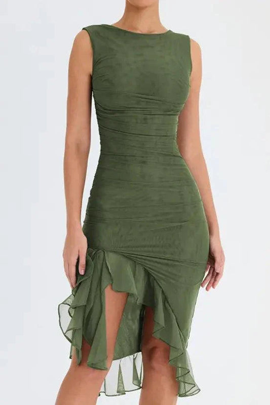 Mandotos Olive Green Ruffled Midi Dress With Ruched Bodice And Tiered Hem For Summer