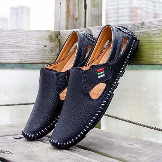 Men Casual Shoes Slip on Hollow Leather Men Shoes