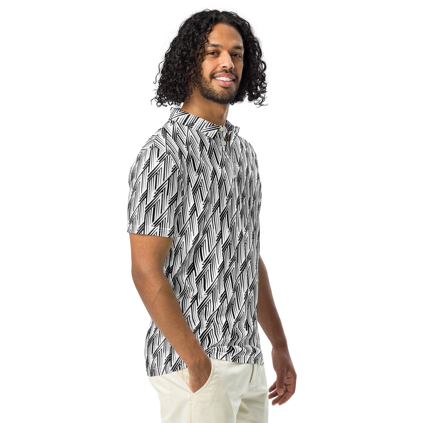 Black and White Glitch Stripe Polo | Minimalist Geometric Slim Fit