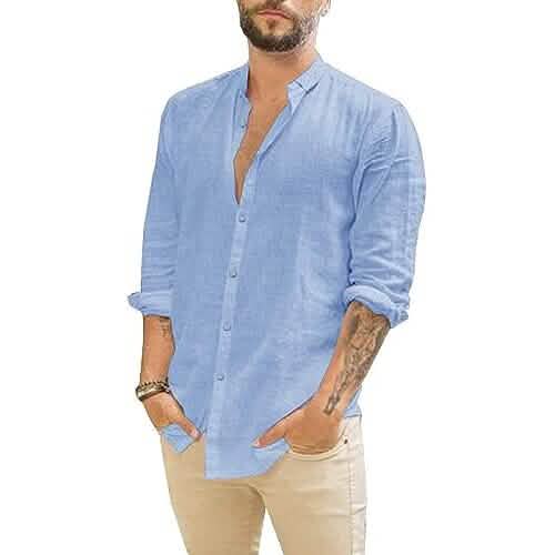 Mens Summer Casual Long Sleeve Cotton Linen T-Shirt