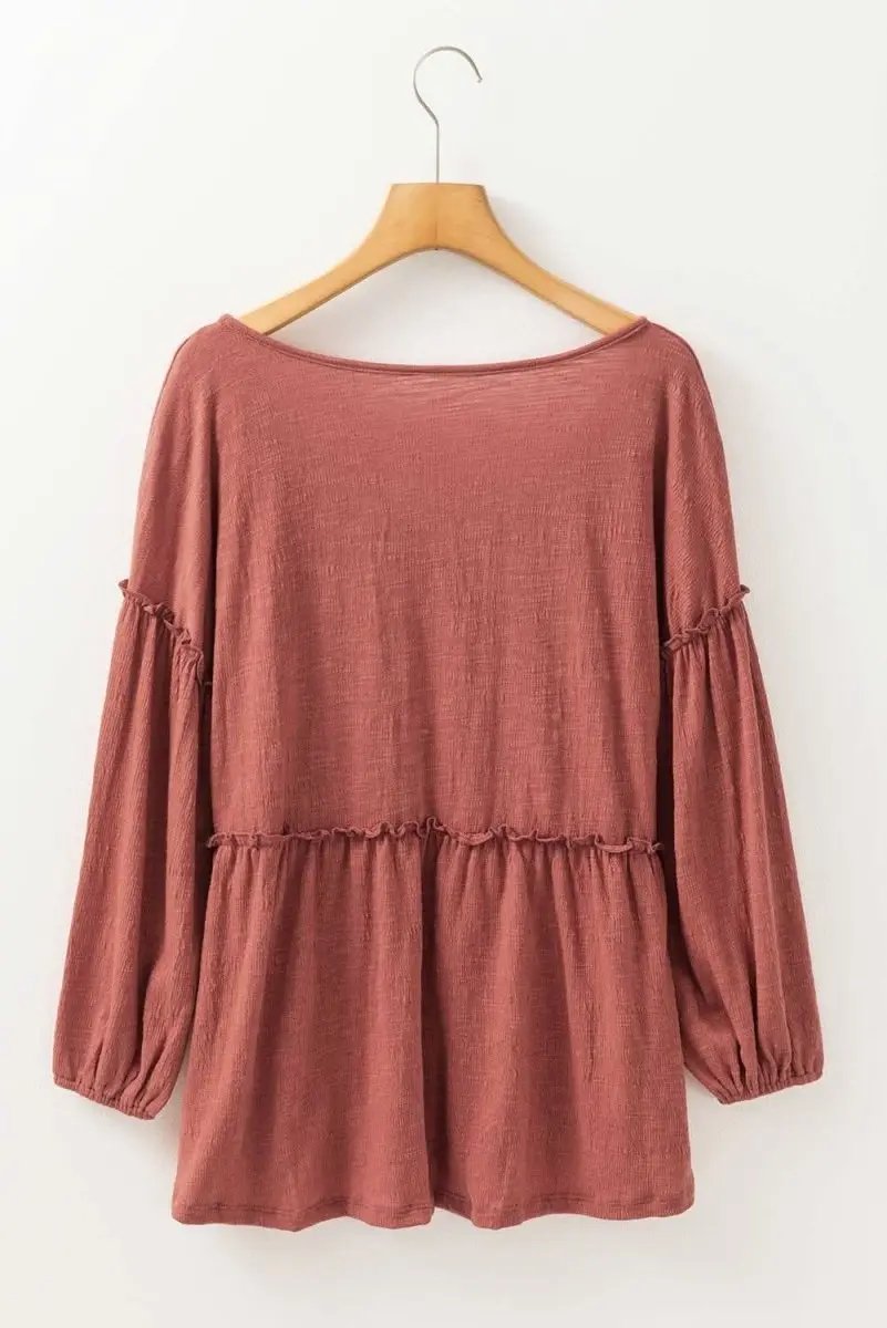 Women's Blouse Women's Textured V-Neck Puff Sleeve Blouse - Frilled Trim - Mineral Red