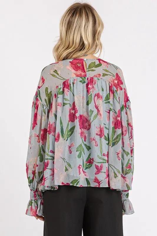 Women's Blouse Blouse - Floral Flounce Sleeve - Casual Round Neck