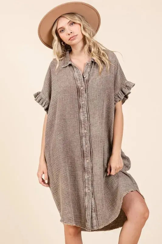 Shoes Trendsi Mineral Wash Mini Dress Women's Casual Cotton Gauze Shirt Dress - Lightweight