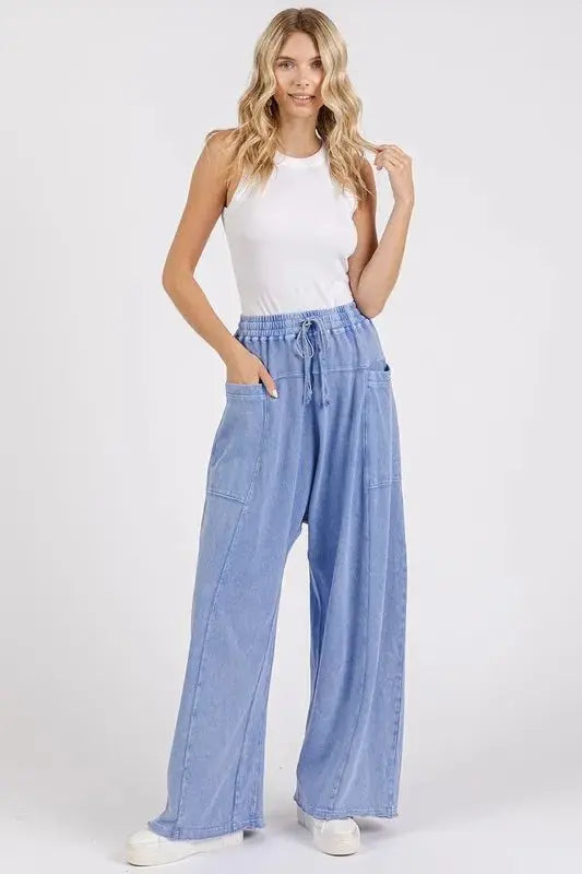 Trendsi Mineral Wash Pants Women's Casual Baggy Barrel Leg Trousers Elastic Waist
