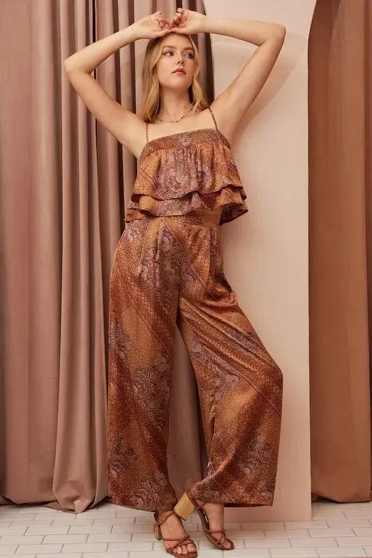 Wide Leg Pants - Paisley Satin - Stylish Comfort