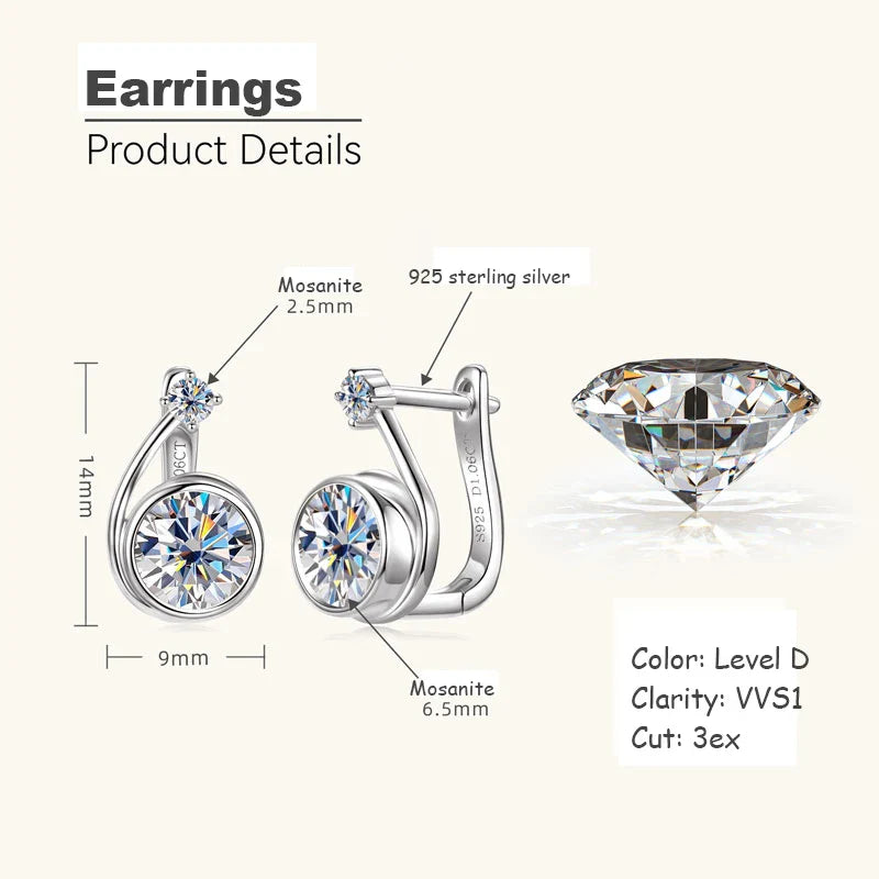 Moissanite Clip Hoop Earrings 925 Sterling Silver D-Color White Round Cut