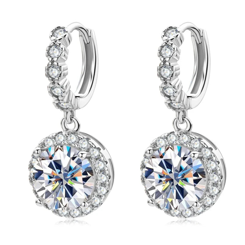 Round Halo Moissanite Huggie Drop Earrings in Sterling Silver