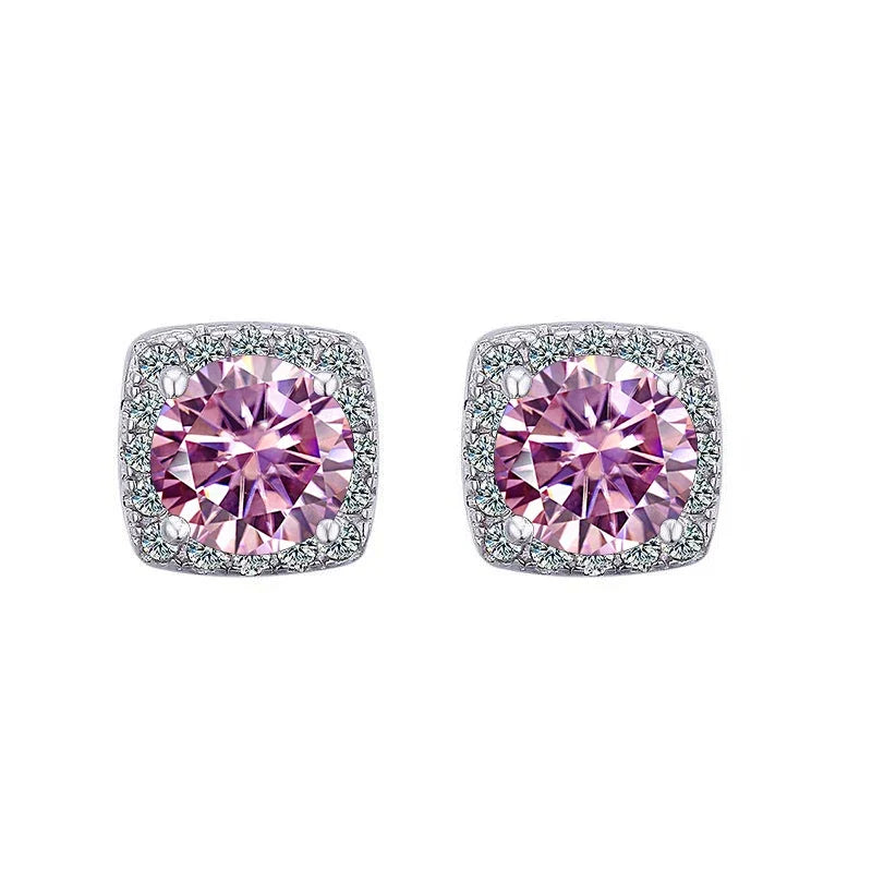 Colored Cushion Halo Moissanite Stud Earrings, 1 ct Each