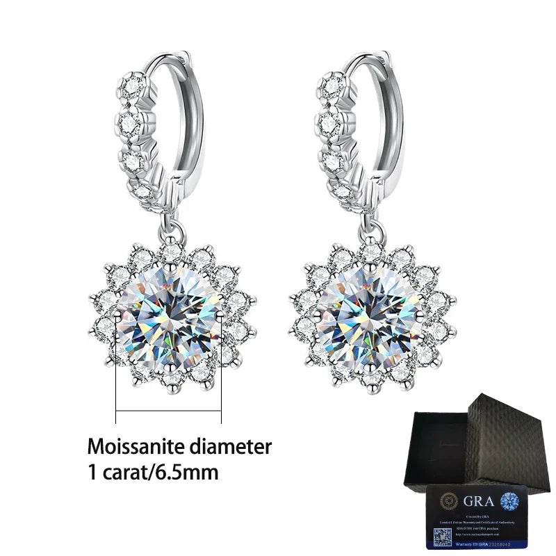 Sunflower Moissanite Drop Hoop Earrings in Sterling Silver