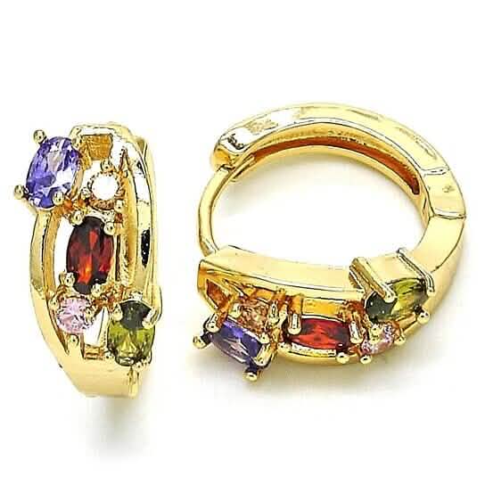 Multi Color Halo Huggie Oval Stones Earrings In Yellow Gold Filled High Polish Finish