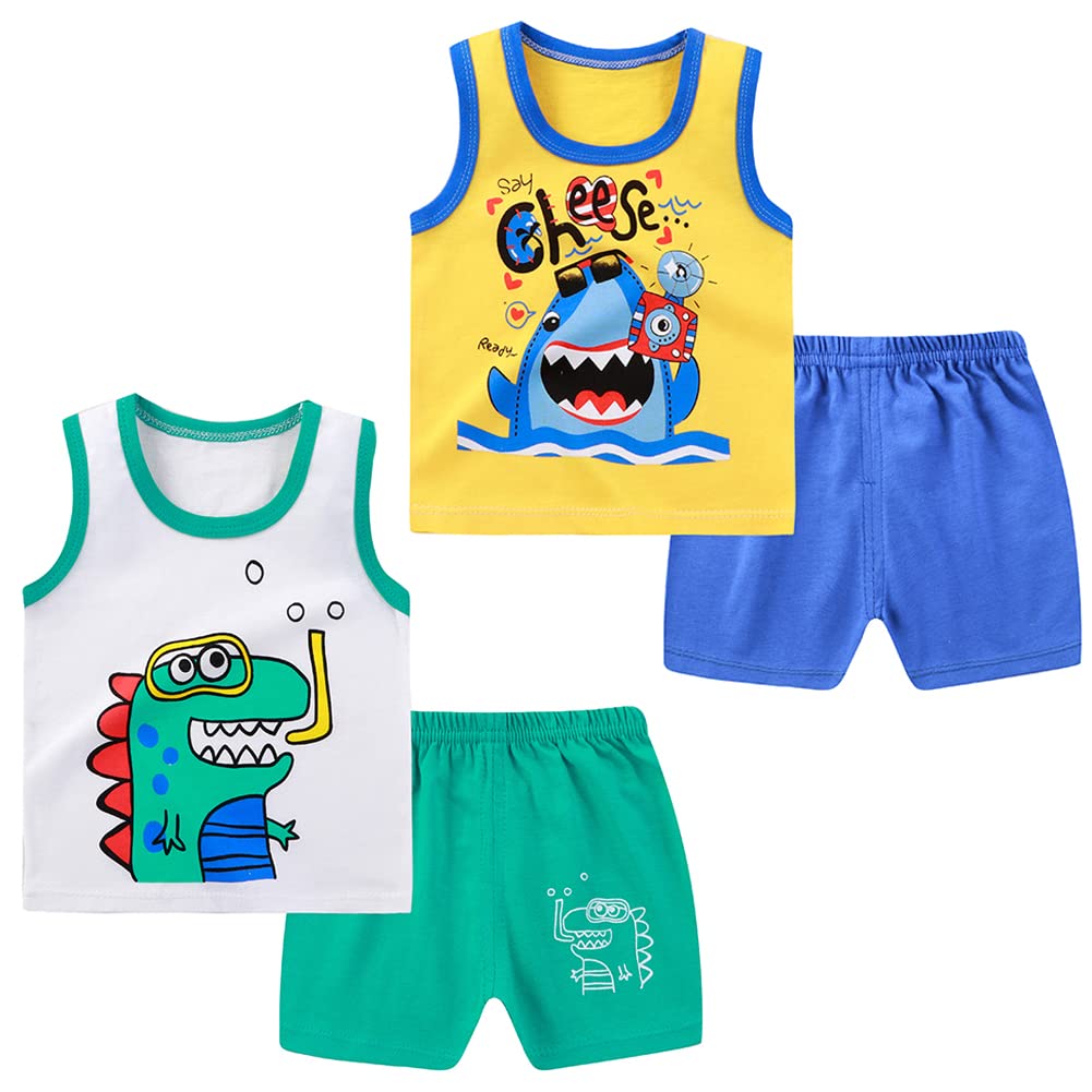 NAUTYSAURS Toddler Boys 4 PCS Tank Tops and Shorts Sets | Dinosaur & Shark | 3-4 Years - # BOAA11310016