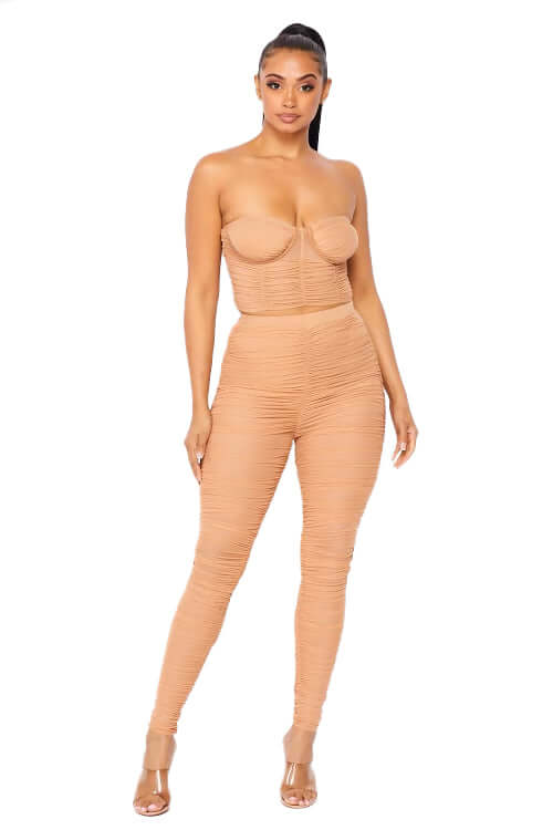 Top tipo corsé fruncido semitransparente de 2 piezas con pantalones a juego