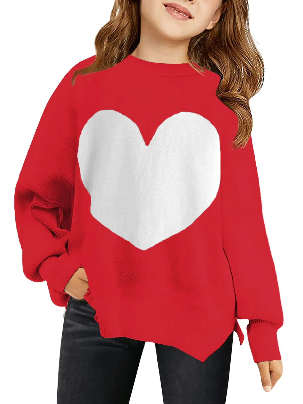 Haloumoning Girls Oversized Heart Sweater Kids Valentines Day Batwing Sleeve Side Slit Knit Pullover Sweaters Red - # GIAA23210003