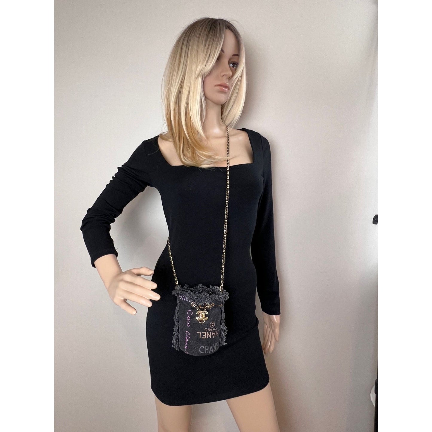 Chanel Denim Quilted Mood Mini Bucket With Chain Black