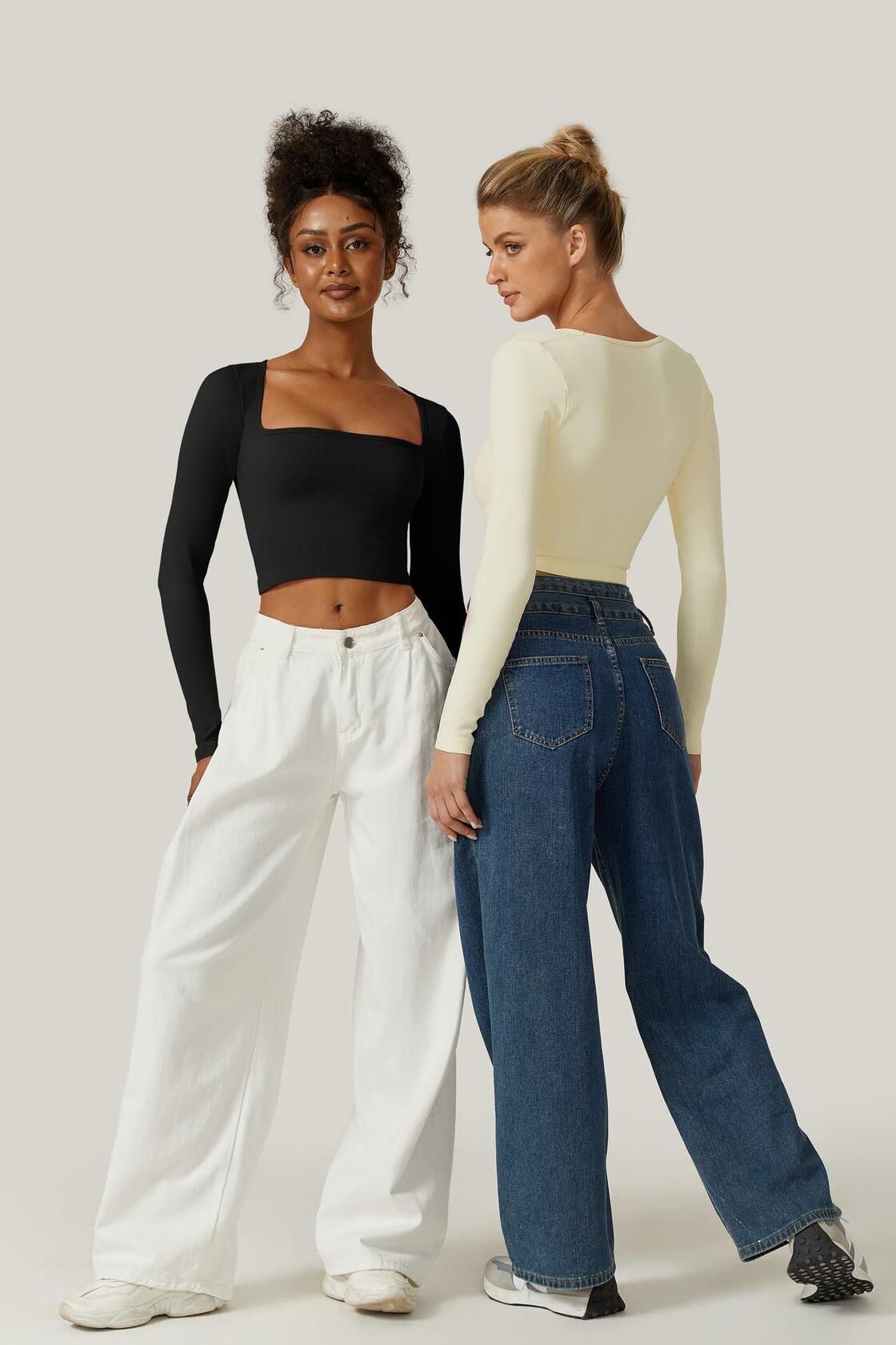 Meyeeka Womens Crop Top Long Sleeve Square Neck Beige Size M