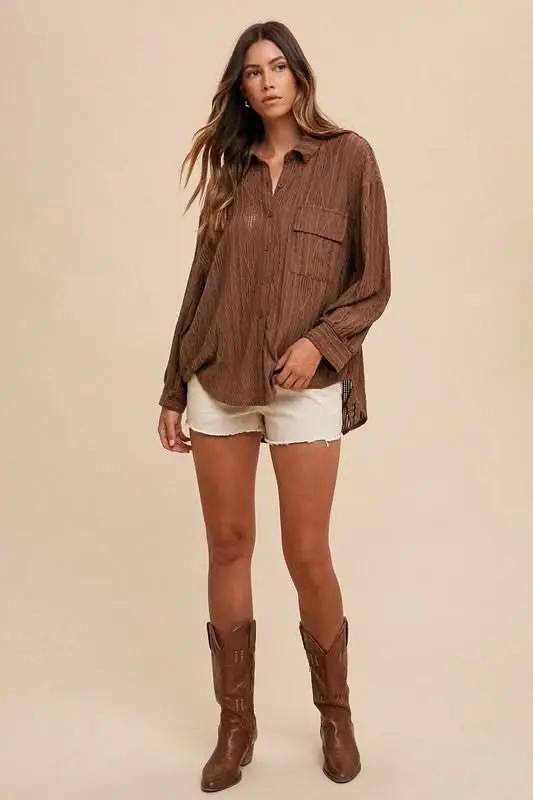 Shirts Trendsi Openwork Shirt Women's Casual Button-Up Top Lightweight, Drop Shoulder