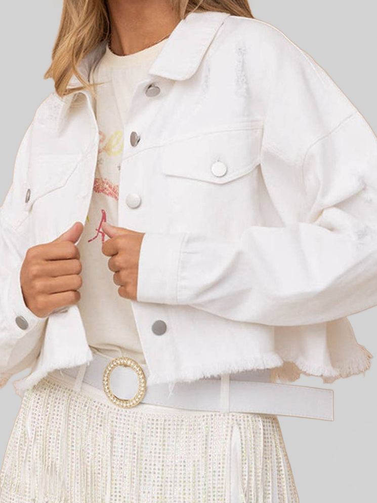 Women Distressed Raw Hem Dropped Shoulder Denim Jacket