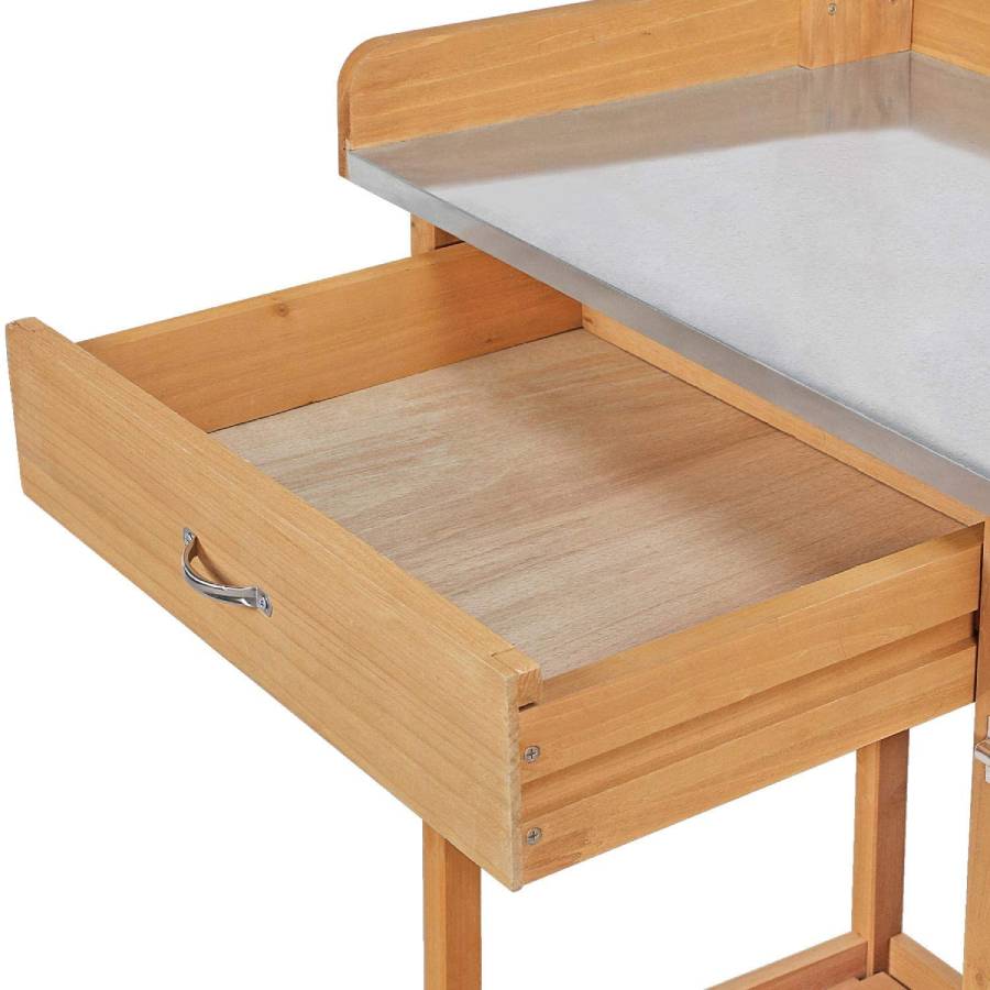 Mesa de trabajo de madera de abeto natural con superficie de acero galvanizado