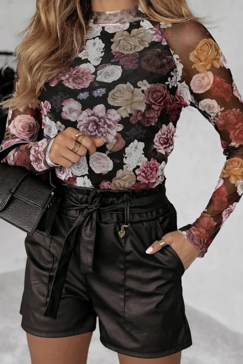 Pants Love Salve Pink Floral Mesh Top Women's Spring Fashion Long Sleeve Sheer Tee