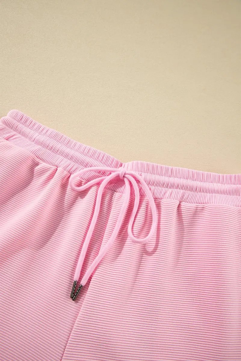 Love Salve Pink Textured Set Women's Daily Wear Outfit: Ruffle Sleeve, Wide Leg Pants
