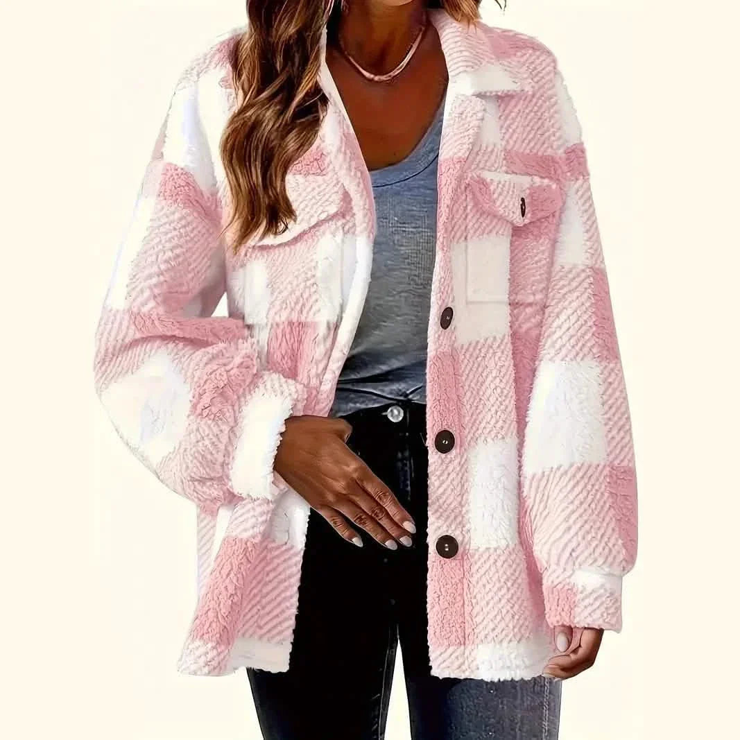 Plaid Pattern Button Front Jacket, Elegant Long Sleeve Warm Outerwear For Fall & Winter