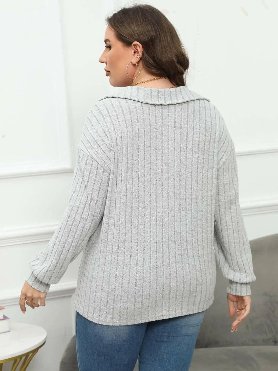 Trendsi Ribbed Collared Top Women's Plus Size Casual Tee Comfort Fit