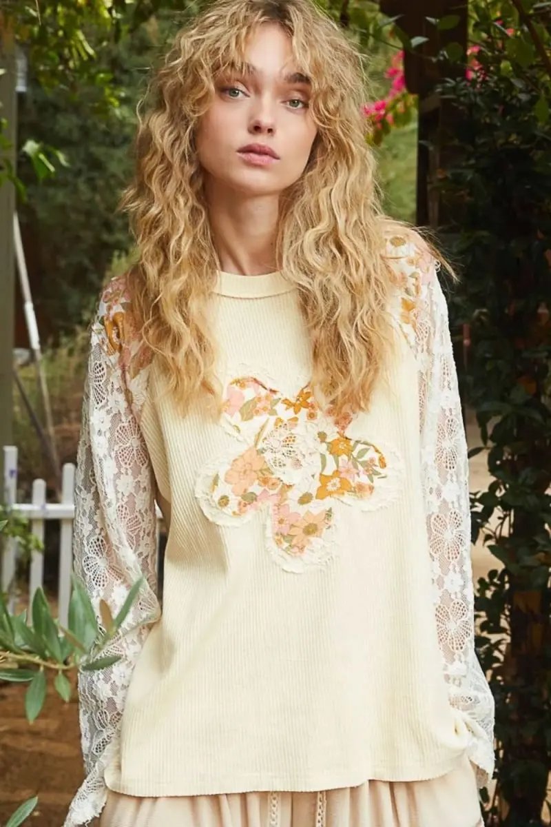 Women's Knit Sweater Women's Lace Sleeve Knit Top - Flower Patch - Casual Soft Sweater