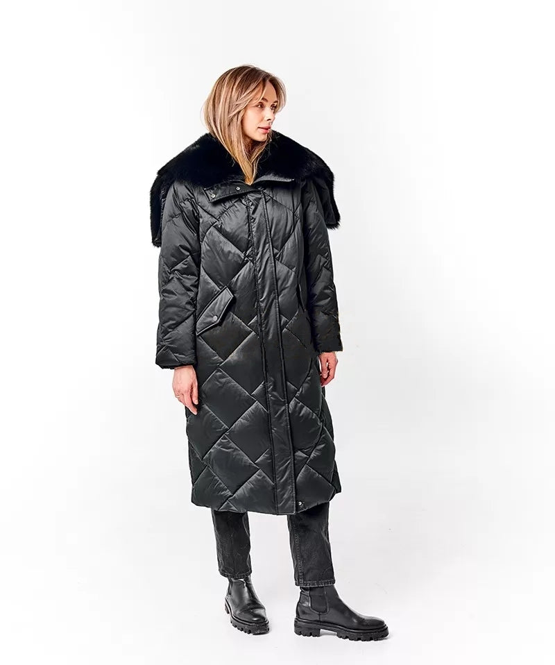 Abrigo de Invierno de Plumas con Cuello y Capucha de Piel Genuina de Zorro Polar
