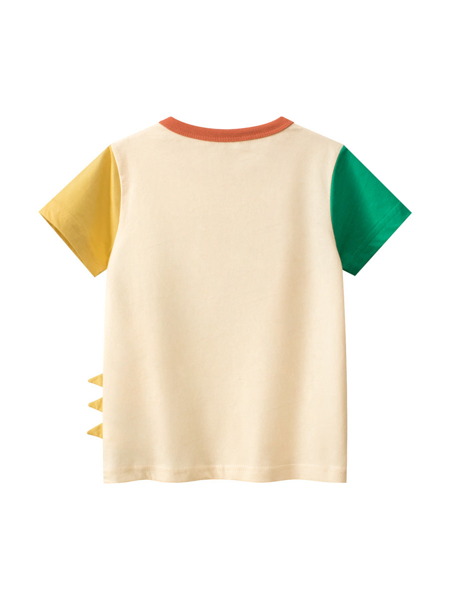 Camiseta de manga corta con estampado de dinosaurio de dibujos animados, retales de colores y estilo europeo y americano para niños
