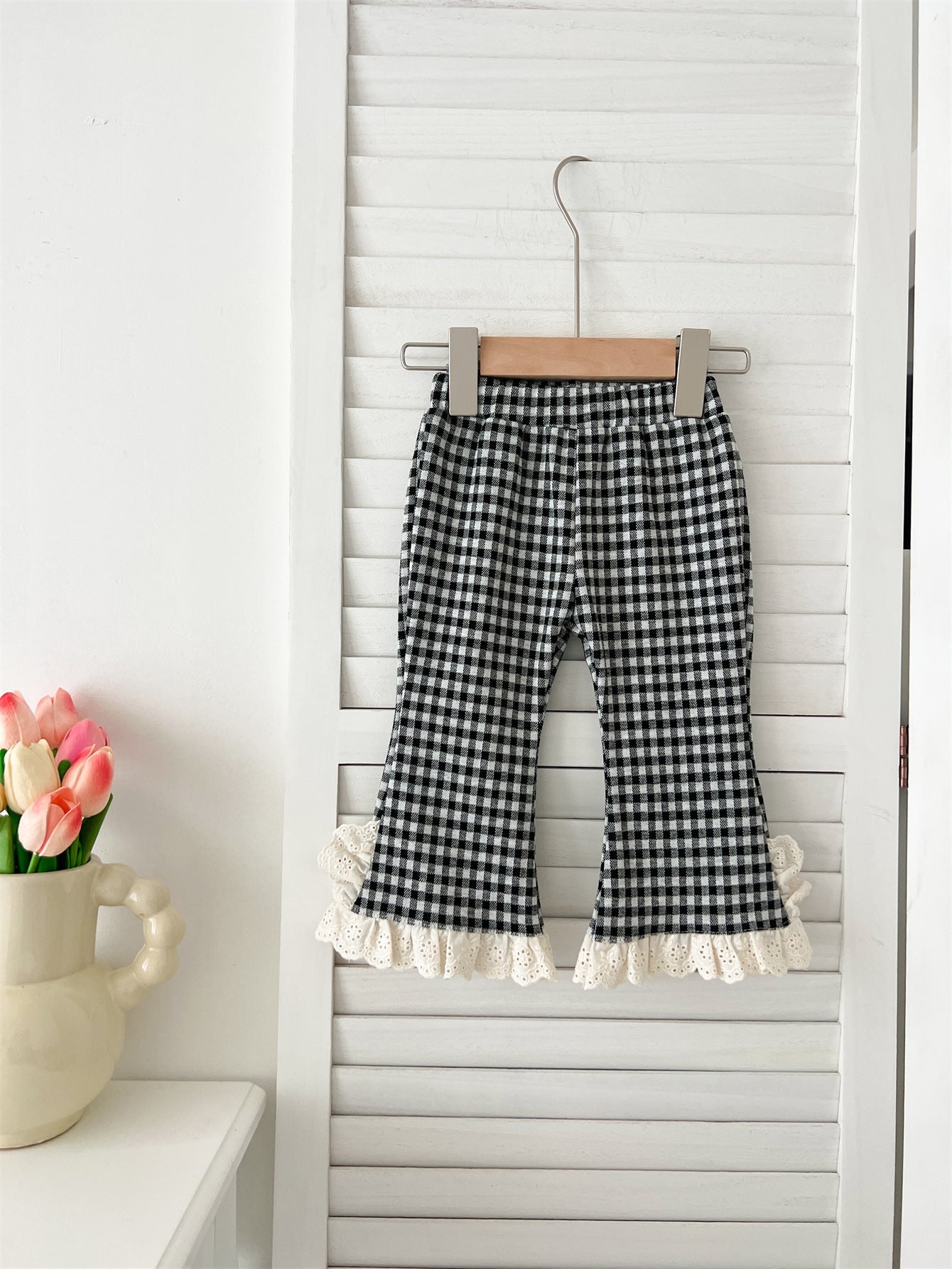 Pantalones de cuadros baratos para bebé y niña con ribete de encaje, de llegada para otoño