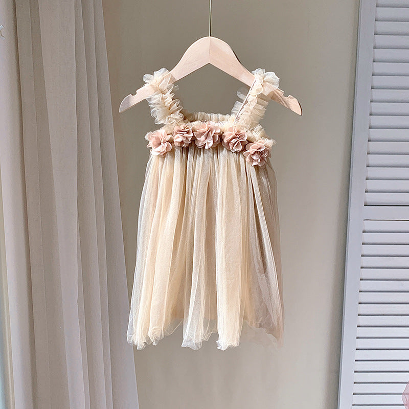 Vestido de verano sin mangas de malla con flores en 3D para bebés y niñas