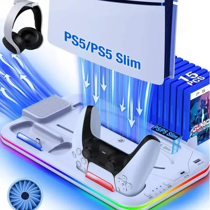 PS5 Cooling Stand with 3-Speed Adjustable Fan, RGB Lights, and Compact Design for PS5 Slim, Digital