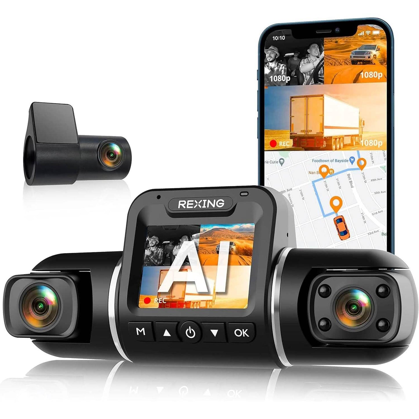 RexingUSA V2 PRO AI Dash Cam 3-Channel Front/Cabin/Rear (Refurbished)