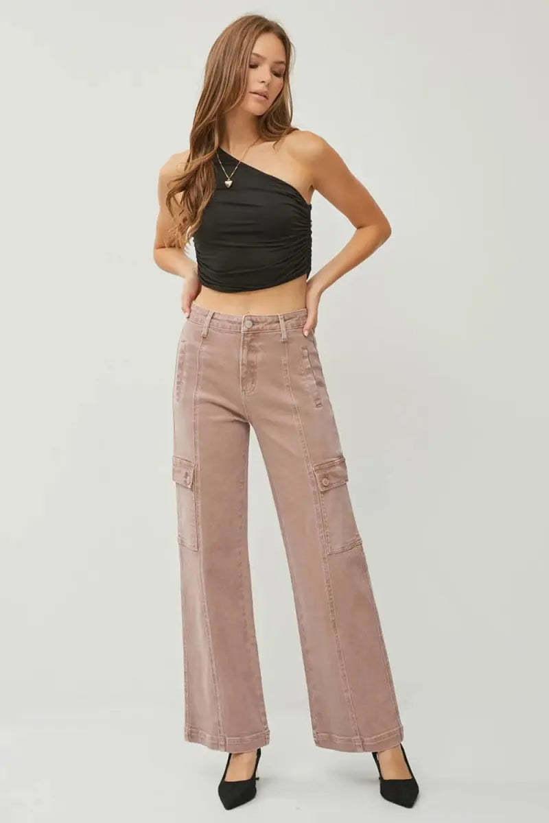 Trendsi Mauve Wide Leg Cargo Jeans High Rise