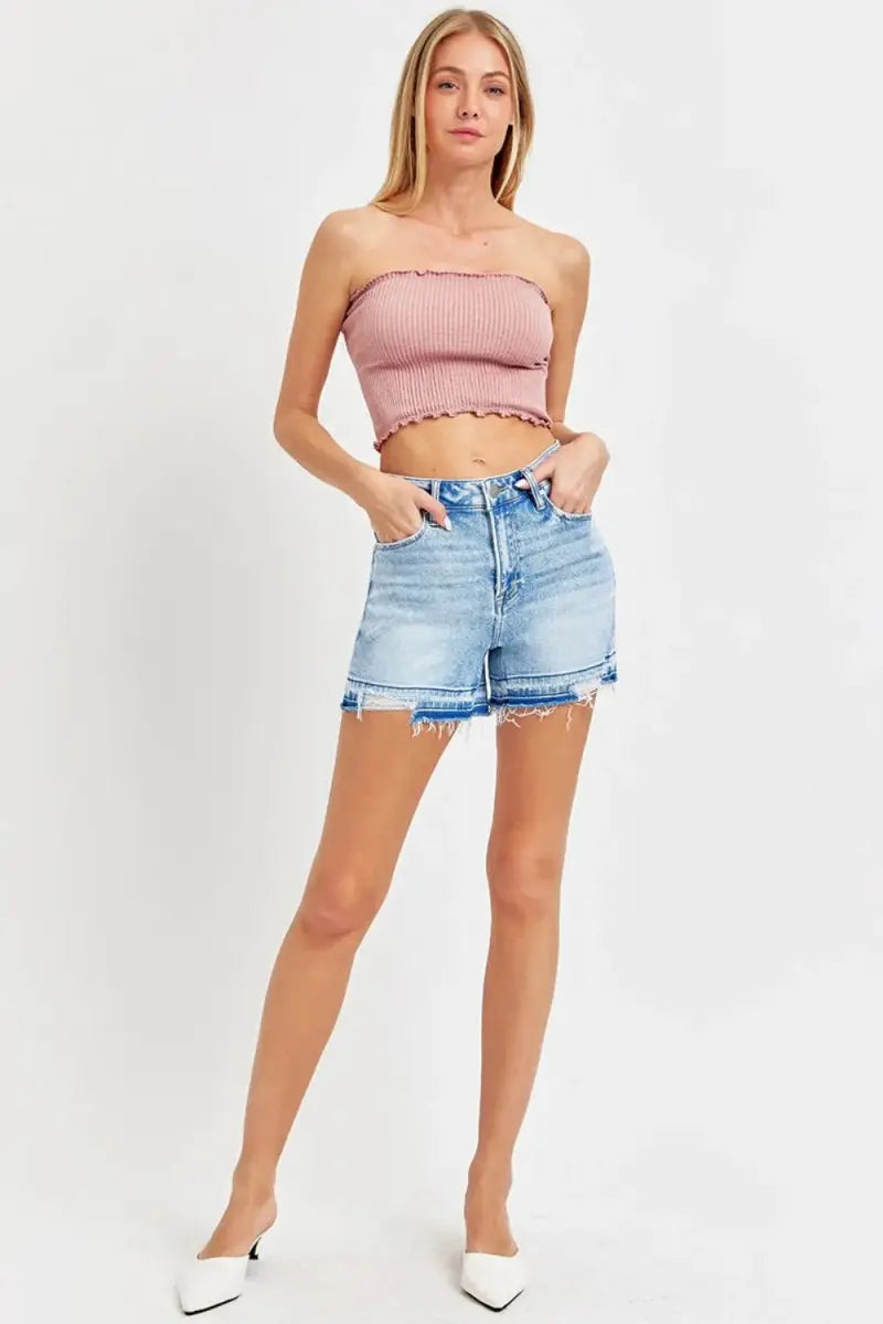 Women's Denim Shorts Denim Shorts - High Rise Distressed Hem - Casual Summer