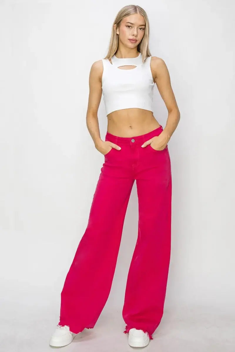 T-Shirts Trendsi High Rise Wide Leg Jeans Women's Trendy Casual Denim - Comfy Fit