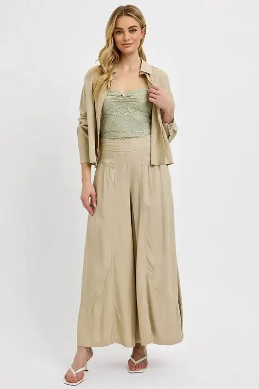 Trendsi Shirring Wide Leg Pants Women's Casual Flowy Trousers USA Ship