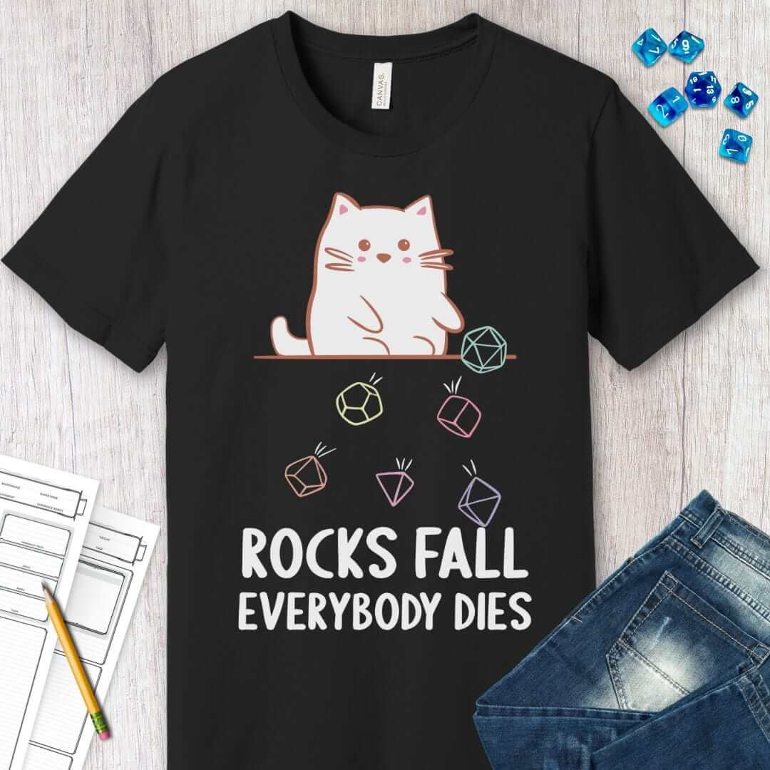 Camiseta de gato kawaii "Todos mueren, caen rocas"