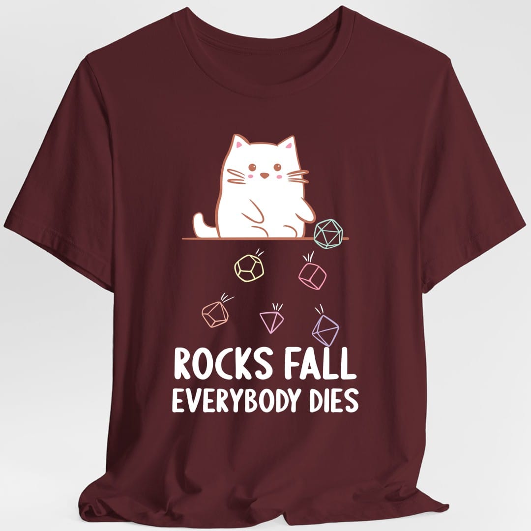 Camiseta de gato kawaii "Todos mueren, caen rocas"