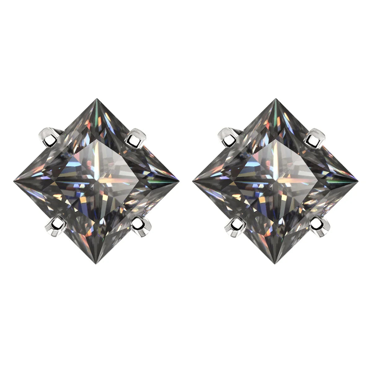 S925 Sterling Silver Gray Princess Cut Moissanite Stud Earrings for Women