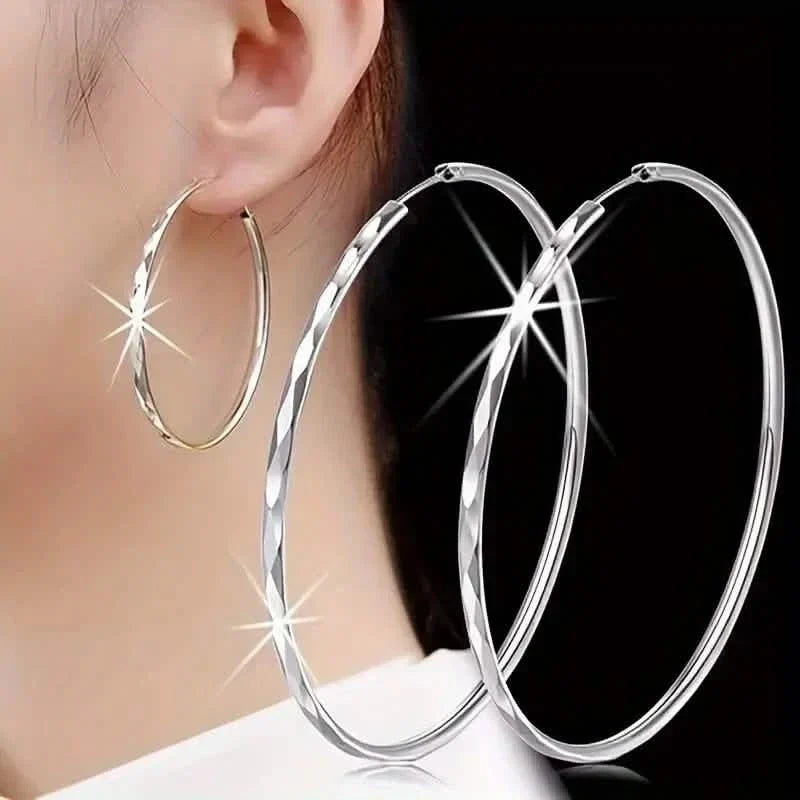 S925 Sterling Silver Hoop Earrings With Exaggerated Large Circle Diamond Pattern Hoop