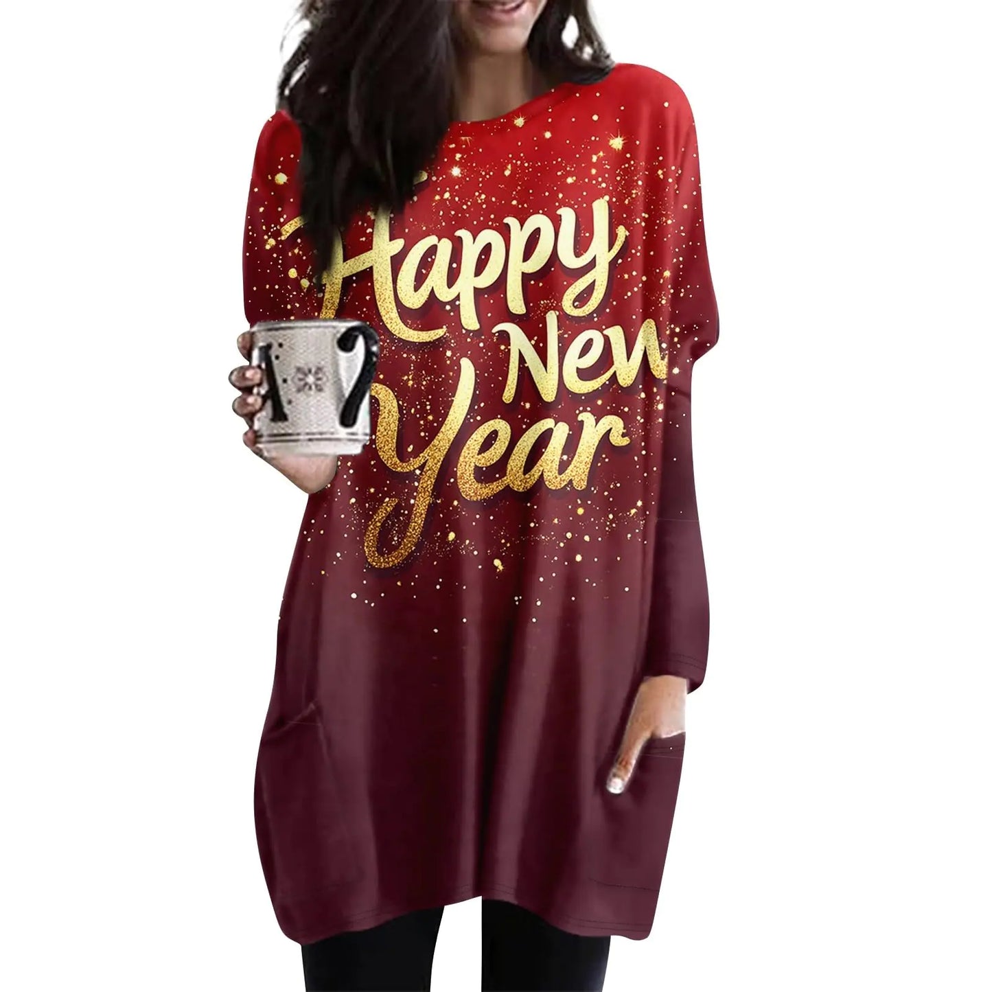 New Years Eve Outfit Womens Tees New Years Eve Outfit for Women Long Sleeve Happy New Year 2025 Printed Graphic Holidays Festival Outfits New Years Eve Tops 2025 New Year Shirt for Family(Red3XL
