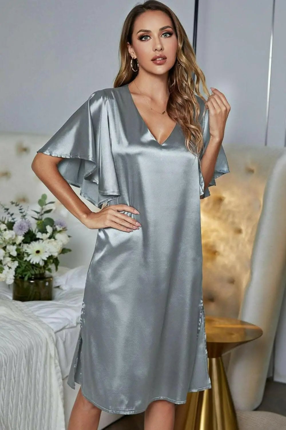 Satin Nightgown | Trendsi V-Neck Flutter Sleeve