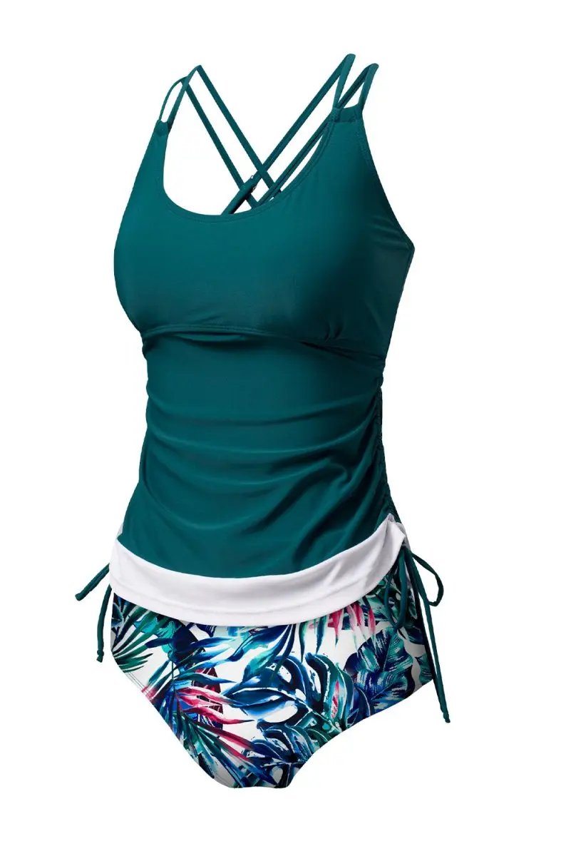 Shorts Love Salve Green Floral Tankini Women's Vacation Swimsuit Tummy Control Set