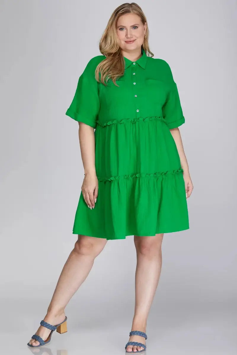 Mini Dress - Frill Tiered Button Front - Casual