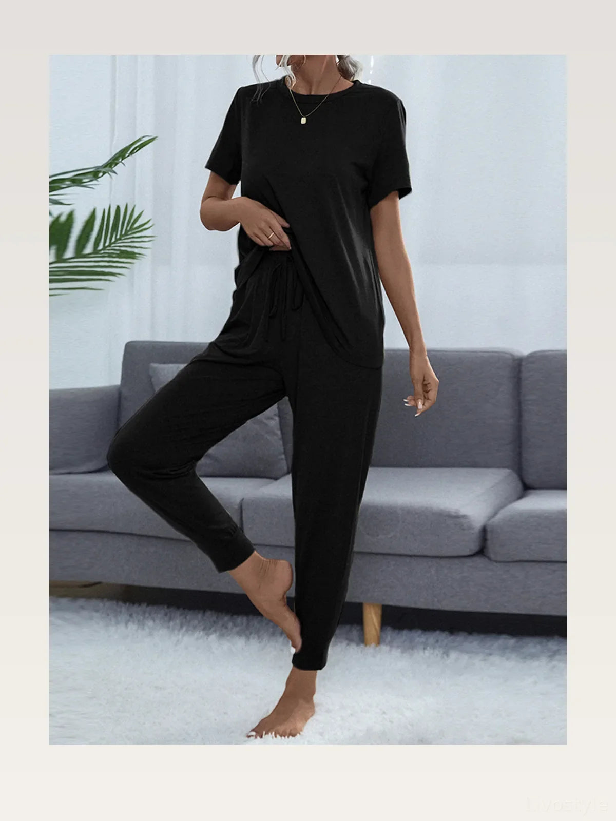Shiny Round Neck Short Sleeve Top and Pants Set