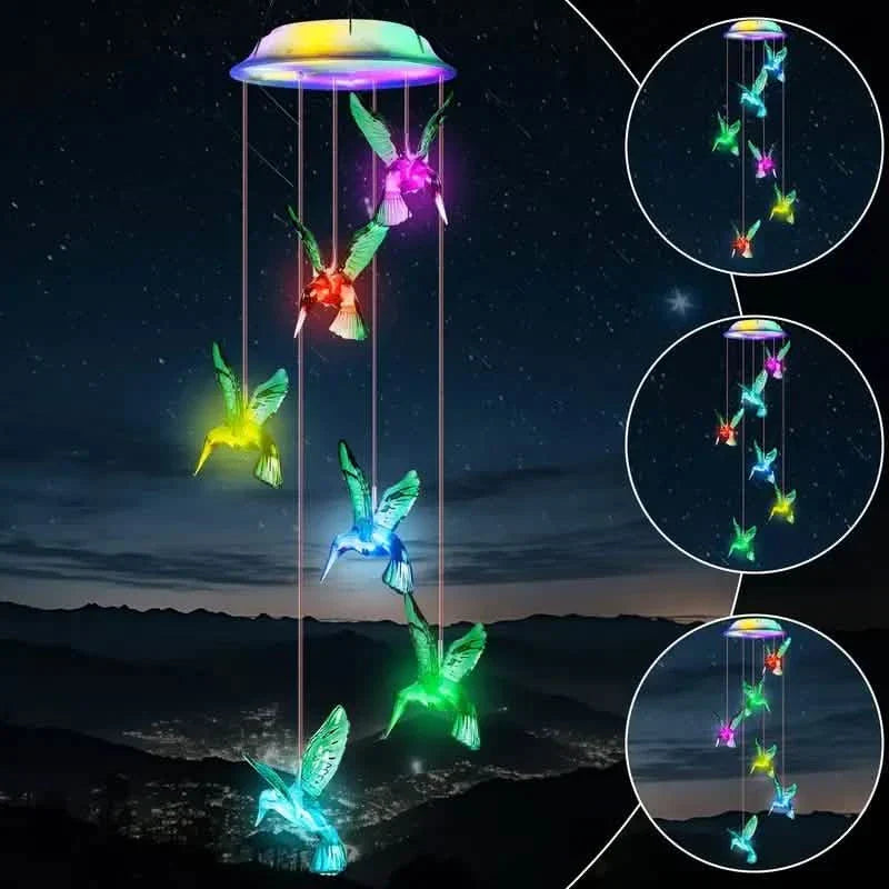 Solar Hummingbird Wind Chimes, Color Changing Solar Wind Chimes