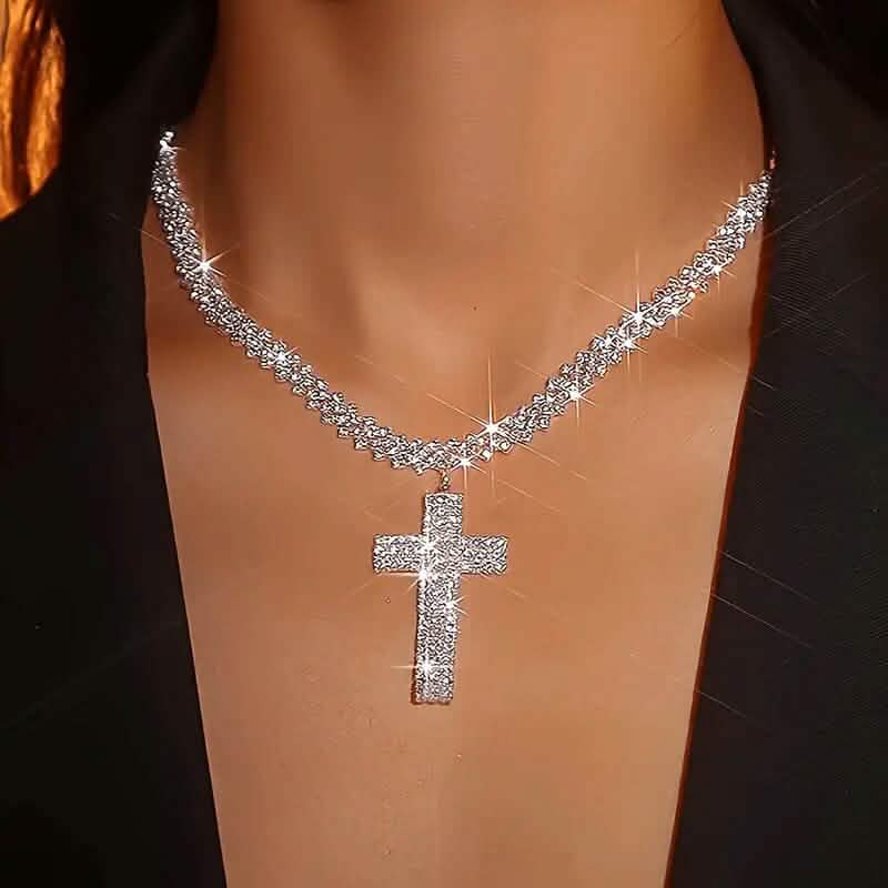 Sterling Silver 925 Luxury Cross Pendant Necklace with Multi-Layer Zircon and Sparkling Rhinestones
