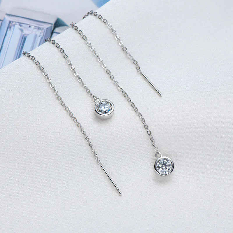 Moissanite Bezel Chain Threader Earrings in Sterling Silver