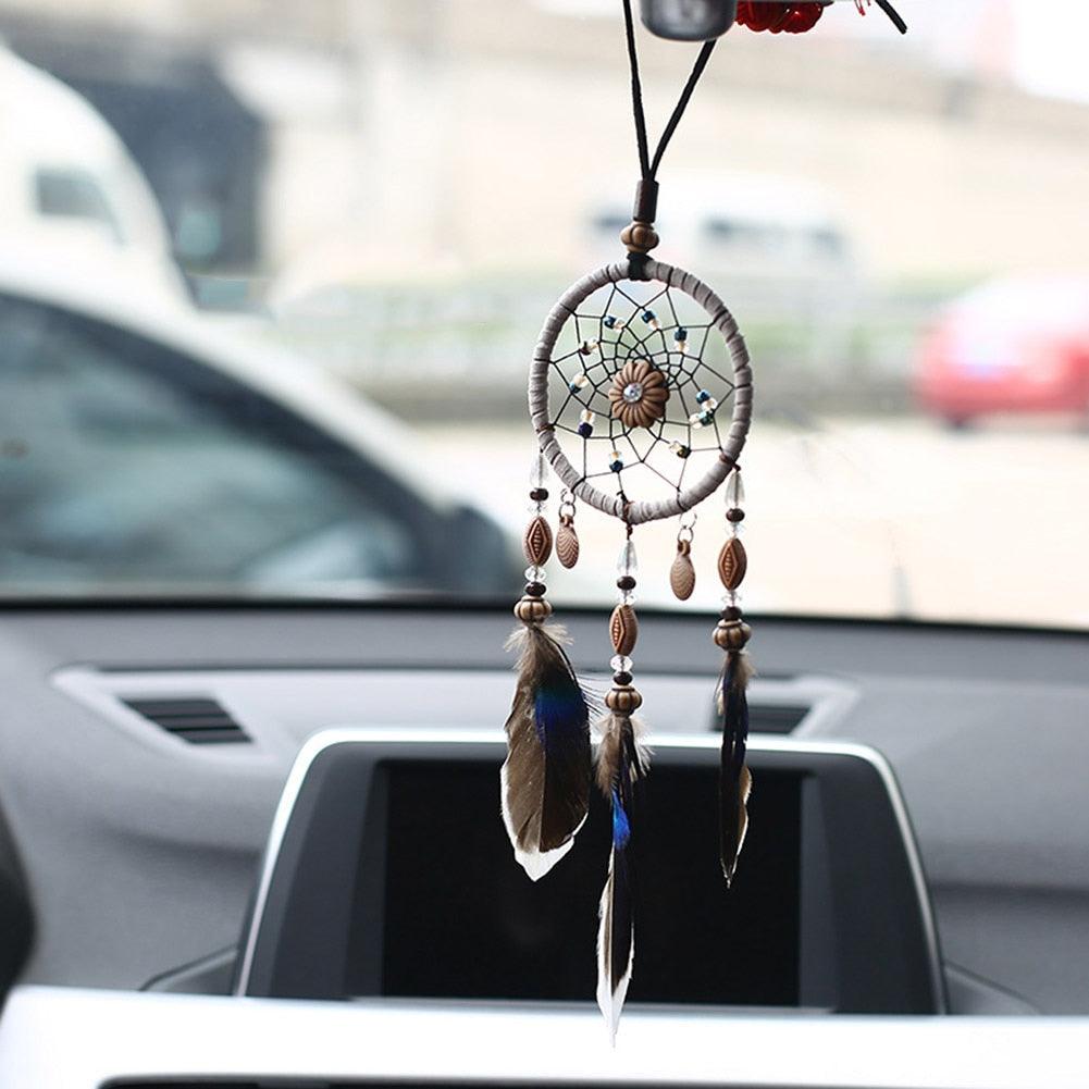 Stylish Hangings Dream Catcher Interior Rear-view Mirror Hanging Decor Car Pendant Grids Nature Feather Wind Chimes Round Ring Circle Handmade Home Decorations Handcrafts Car Charms Pendant Accessories